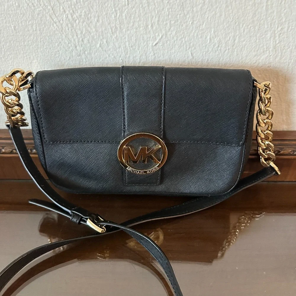 Michael Kors Black and Gold Small Leather‎ Crossbody Bag